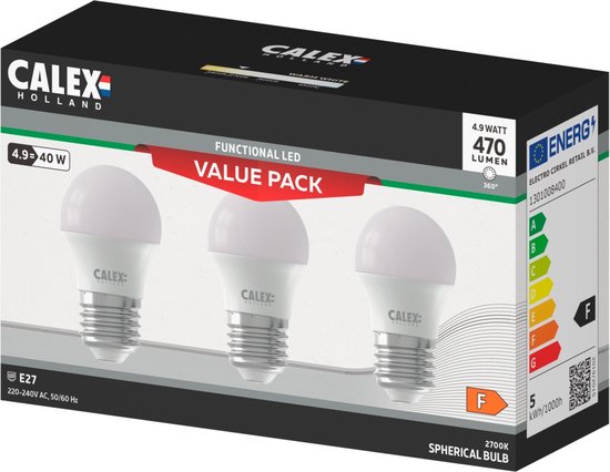 Boîte 3 pièces Calex Lampe Boule LED E27 4,9W 470lm 2700K Non Dimmable P45