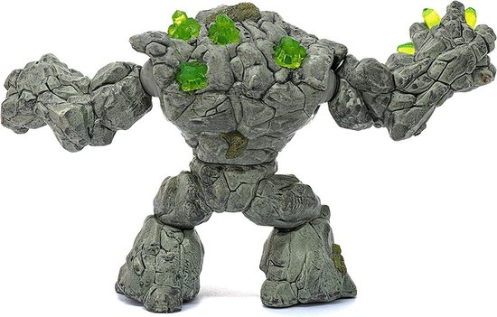 Gedetailleerd stenen monster figuur met groene kristallen op zijn rug en schouders, op een witte achtergrond.