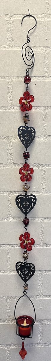 Deco theelichthouder "bloem + harten" met metalen ketting - zwarte ketting & rood + gele glazen stenen - lengte 115 cm - exclusief theelicht - Woondecoratie - Theelichthouder - Woonaccessoires