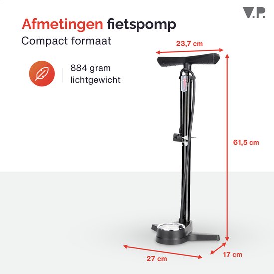 V.P. Staande Fietspomp met Drukmeter - Racefiets- en Mountainbike accessoires - Incl. extra opzetstukken - Tot 12 bar / Zwart — afbeelding 3