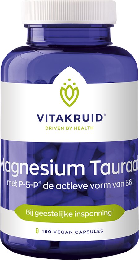 Blauwe pot met witte dop, met het Vitakruid logo en 'Magnesium Taurat' op het label.