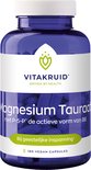 Blauwe pot met witte dop, met het Vitakruid logo en 'Magnesium Taurat' op het label.