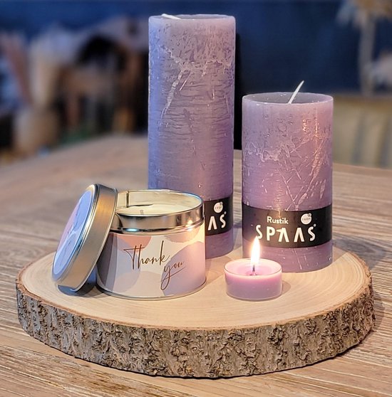 28 Delige XL Geurkaarsen Set SPAAS© Kaarsen Cadeau Idee -THANK YOU (Grey) - Kaarsen Plankje met 1 Grote Country Candle Geurkaars + 24 Clearlight Geurkaarsen 'Morning Breese’ + 2 Rustieke Stompe Kaarsen (60 en 95 Branduren)