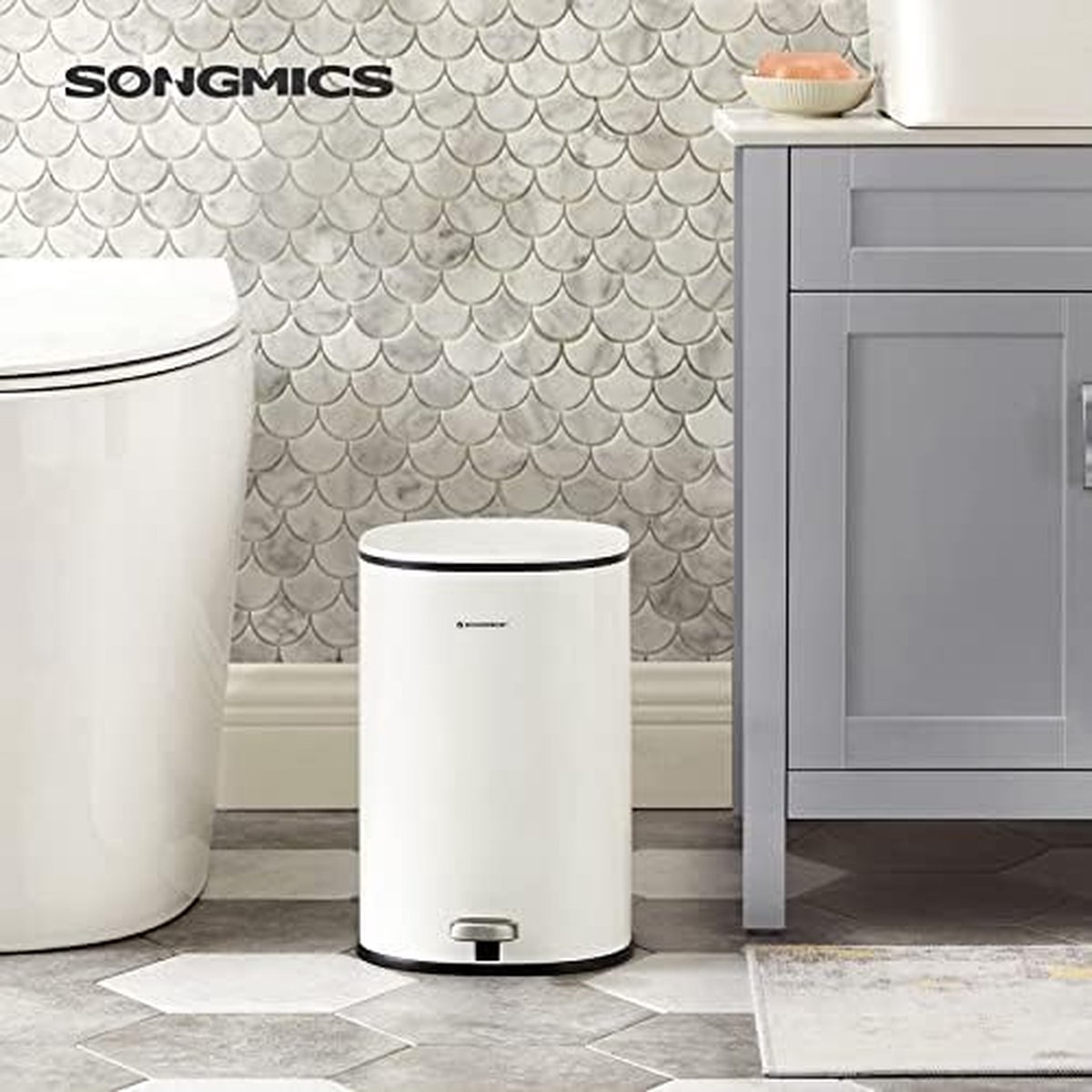 SONGMICS - Afvalbak van 5 liter met stalen pedaal, binnenemmer en deksel, discrete sluiting, luchtdicht, voor badkamer, toilet, wit