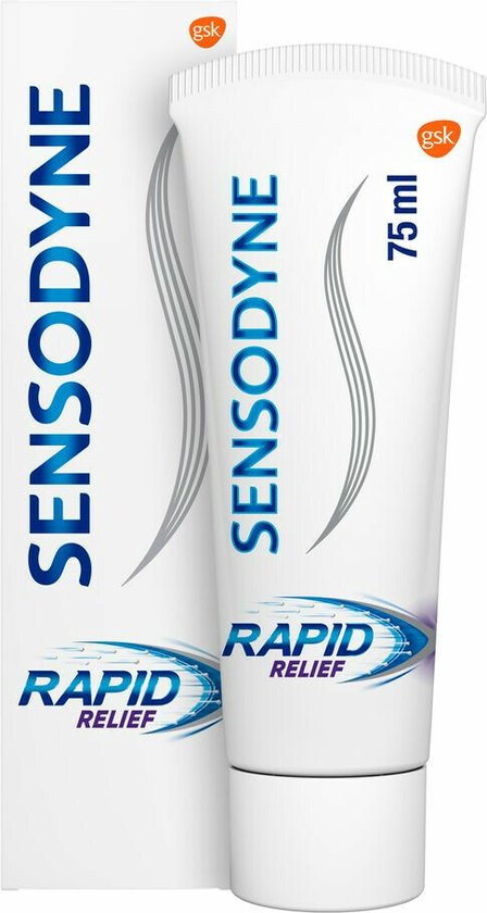 Verpakking van Sensodyne Rapid Relief tandpasta, witte tubes met blauwe en grijze grafische elementen, 75 ml.