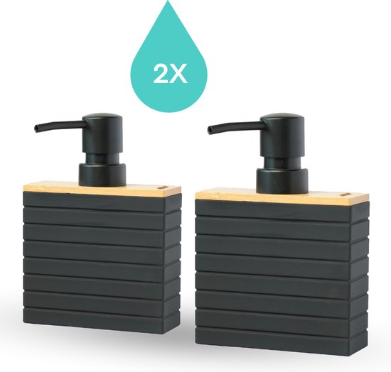 BUDDLEY® Zeeppompje Zwart 'Nightingale' - SET van 2 Zeepdispensers - Bamboe - Zeeppomp - Zeeppompjes - Zeeppompje vrijstaand - Zeepdispenser Zwart - Keuken - Badkamer - Toilet