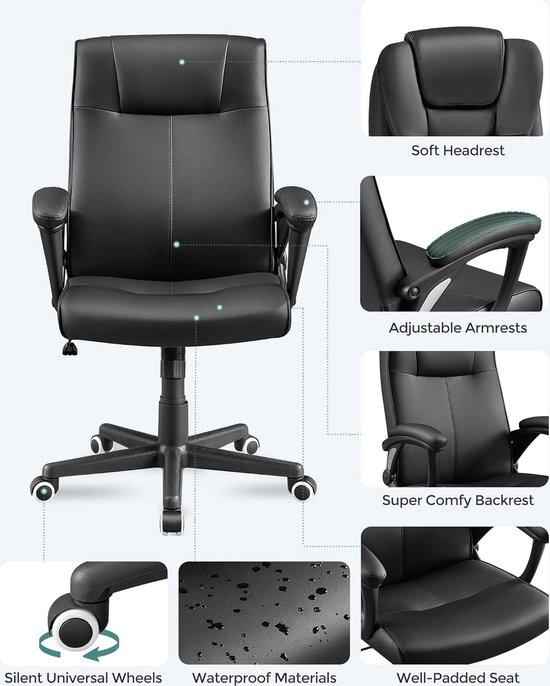 SONGMICS Bureaustoel, Ergonomische Draaistoel, Speelstoel Met Opklapbare Armleuningen Computerstoel Nylon Stervoet Max Statische Belasting 150 Kg Voor Kantoor Studie Zwart