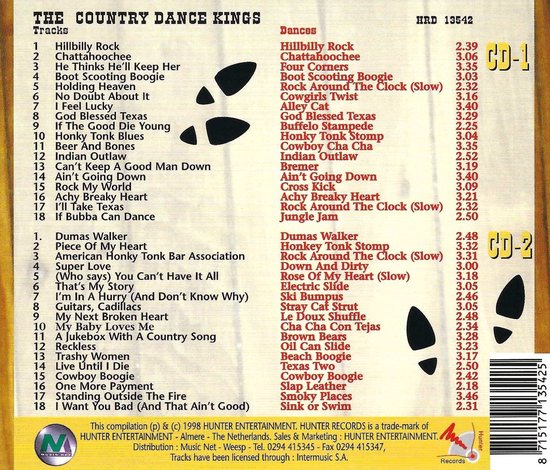 CD-hoes voor 'The Country Dance Kings' met tracklijsten en dansen.