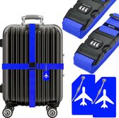 BOTC Kofferriem met Cijfer Slot - 4 stuks - 2 Kofferriem met cijferslot + 2 bagagelabels - 200 cm * 5 cm - Bagage Riem - Bagageband - Verstelbaar - Blauw