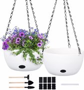 Bloempot, hangend, set van 2, 20 cm, zelfbewatering, bloemenhangers met kettingen, hangende plantenpot, plantenhangers om op te hangen, voor binnen en buiten, balkon, plantenbak, decoratie (wit)