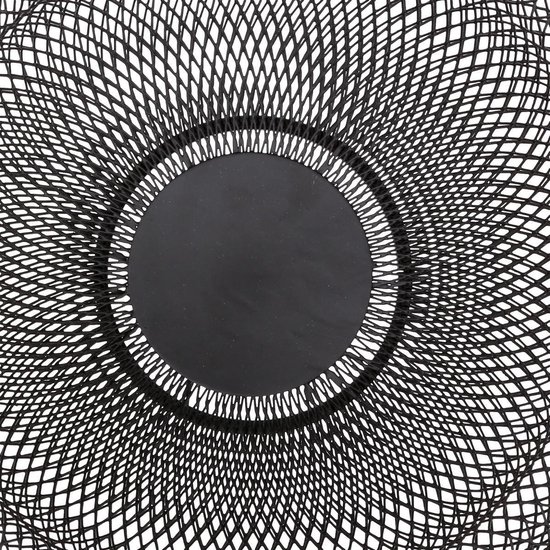Detail van zwarte metalen fruitmand met cirkelvormig patroon en een effen middenstuk.