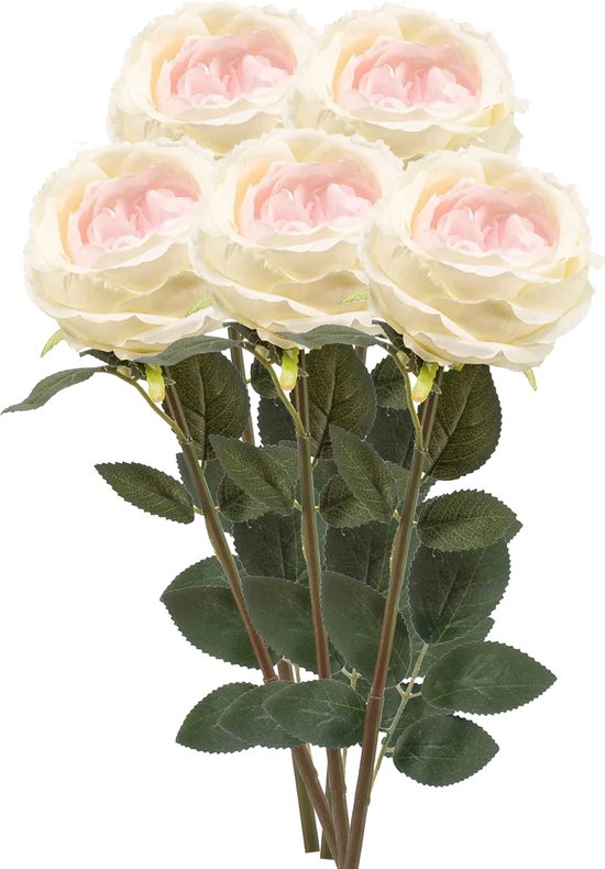 Emerald Kunstbloem roos Joelle - 5x - creme - 65 cm - decoratie bloemen