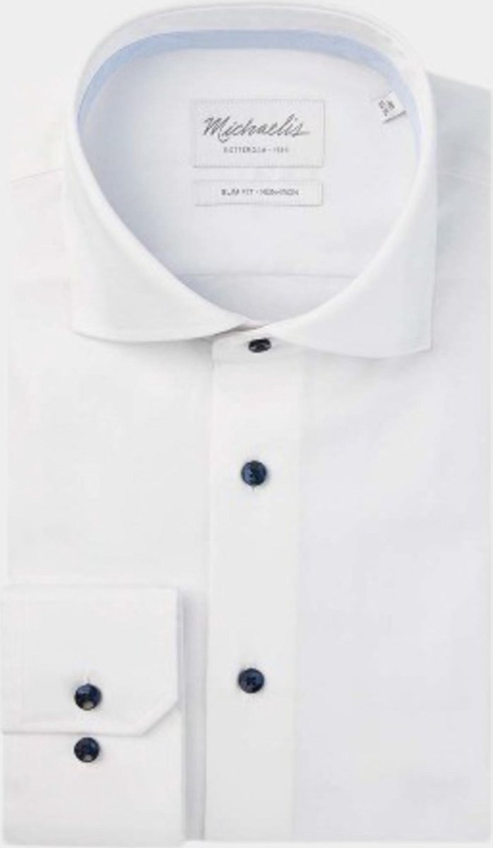 Michaelis Uni wit twill overhemd met donkerblauwe knopen-boordmaat: 41 Pasvorm:Getailleerd Michaelis Overhemden