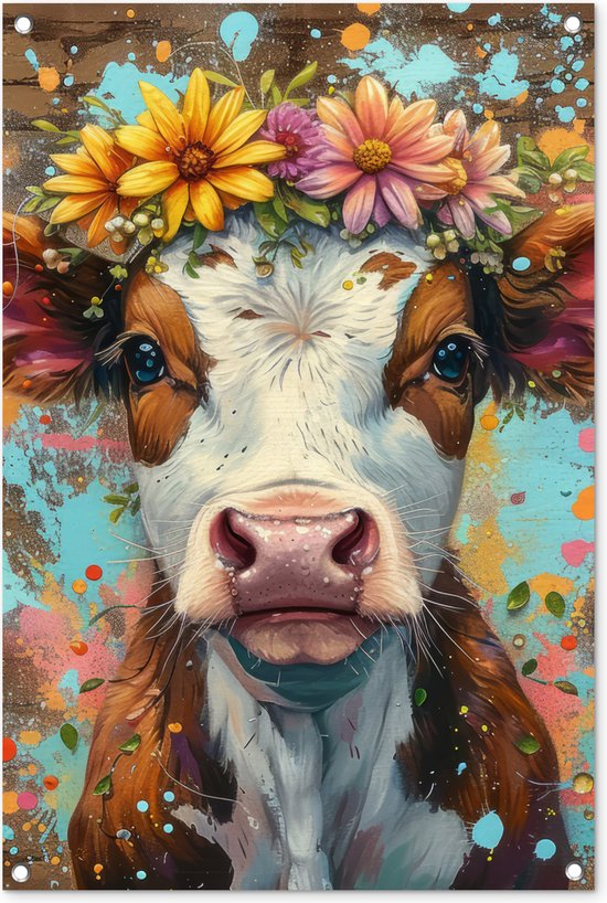 Tuinposter 60x90 cm - Tuindecoratie - Koe - Graffiti - Dieren - Bloemen - Street art - Poster voor in de tuin - Buiten decoratie - Schutting tuinschilderij - Muurdecoratie - Tuindoek - Buitenposter..