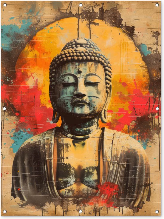 Tuinposter 90x120 cm - Tuindecoratie - Boeddha - Graffiti - Street art - Boedha beeld - Buddha - Poster voor in de tuin - Buiten decoratie - Schutting tuinschilderij - Muurdecoratie - Tuindoek - Buitenposter..