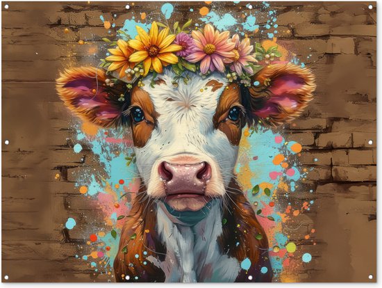 Tuinposter 160x120 cm - Tuindecoratie - Koe - Graffiti - Dieren - Bloemen - Street art - Poster voor in de tuin - Buiten decoratie - Schutting tuinschilderij - Muurdecoratie - Tuindoek - Buitenposter..