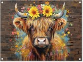 Tuinposter 80x60 cm - Tuindecoratie - Graffiti - Schotse hooglander - Dier - Bloemen - Poster voor in de tuin - Buiten decoratie - Schutting tuinschilderij - Muurdecoratie - Tuindoek - Buitenposter..