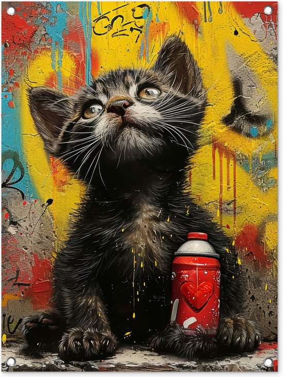 Tuinposter 60x80 cm - Tuindecoratie - Graffiti - Kitten - Street art - Kat - Dier - Poster voor in de tuin - Buiten decoratie - Schutting tuinschilderij - Muurdecoratie - Tuindoek - Buitenposter..