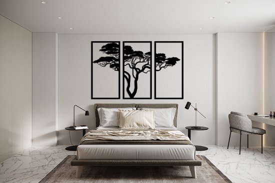 BT Home - 3 stuks XL Levensboom modern deco muurdecoratie - Wanddecoratie - Zwart - Houten art - Muurdecoratie - Line art - Wall art - Bohemian - Wandborden - Woonkamer - 100x65 cm