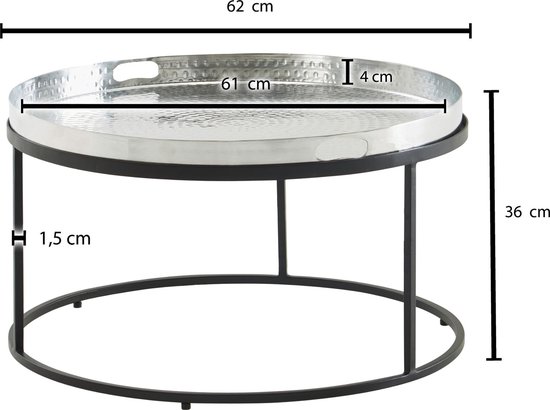 Koffietafel Aluminium 62x62x36 cm Salontafel Gehamerd Metaal Zilver | Tafel Woonkamer Rond | Woonkamertafel Modern | Kleine Bijzettafel