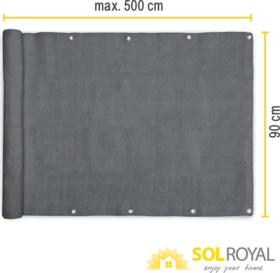 Donkergrijs, opgerold balkondoek met ringen. Afmetingen 500 cm x 90 cm. Logo SOL ROYAL.