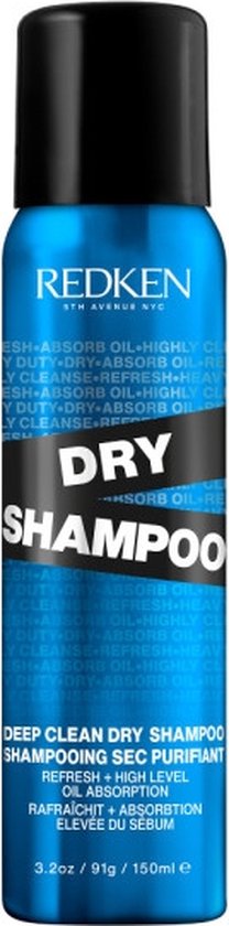 Blauwe spuitbus Redken Dry Shampoo met zwarte dop, staand, op witte achtergrond.