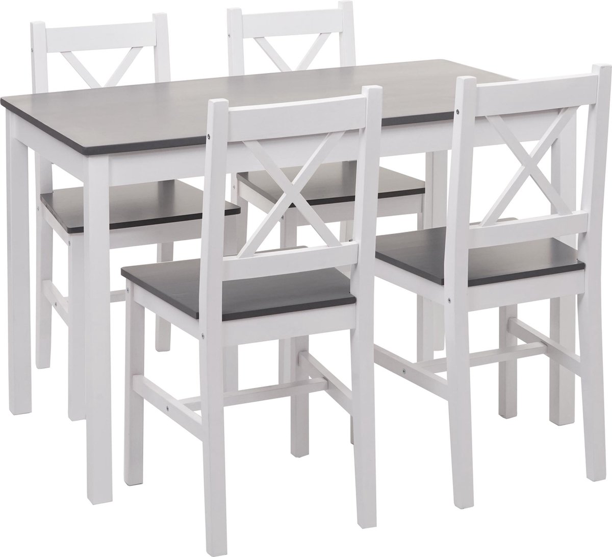MCW Eetkamerset MCW-F77, eetkamerset, massief houten landhuis 110cm ~ wit-grijs