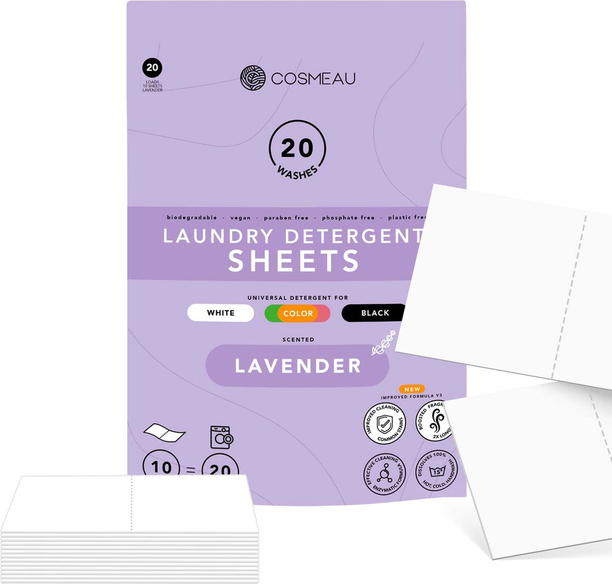 Goedkoopste Cosmeau Wasmiddeldoekjes 20 Wasbeurten Lavendel Wasmiddel Wasvellen Wasdoekjes Wasstrips Detergent Sheets Laundry Strips Proefpakket - Plasticvrij Biologisch