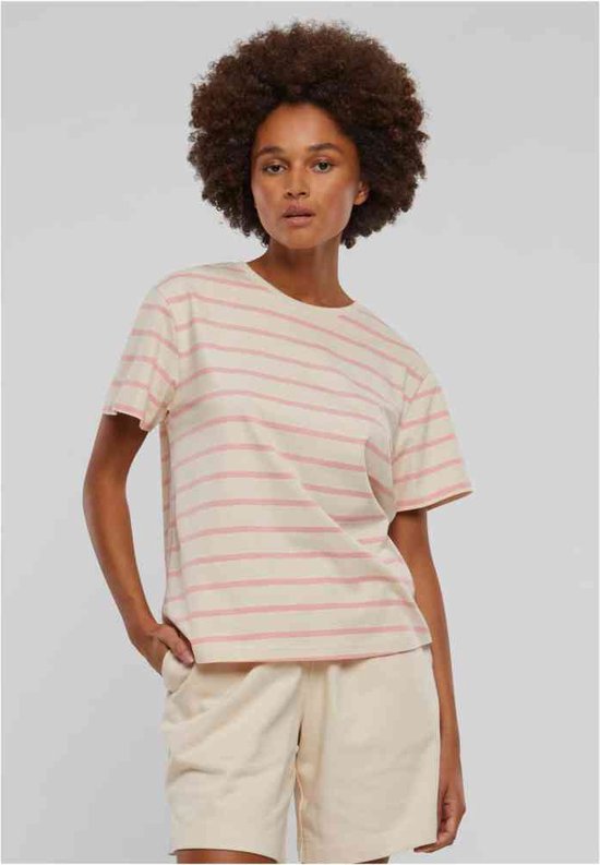 Urban Classics - Striped Boxy Dames T-shirt - Roze/Creme