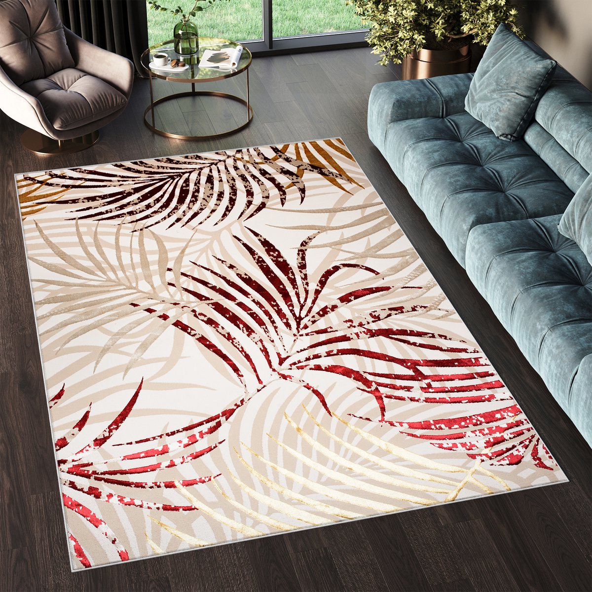 Tapiso Golden Vloerkleed Beige Rood Bladeren Modern Tapijt Maat- 80x150