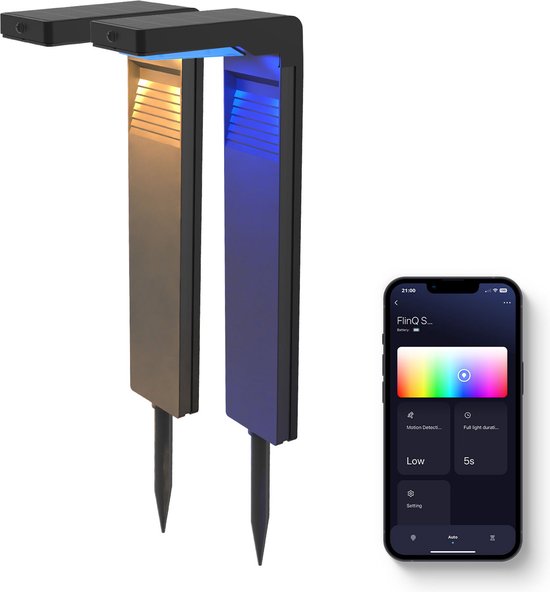 FlinQ Gaia - Smart Solar Tuinlamp- Solar Tuinverlichting - Zonne-energie - Wit en Gekleurd licht - Bewegingssensor - 2-pack - Zwart