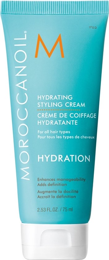 Turquoise tube van Moroccanoil Hydrating Styling Cream met oranje M-logo. Witte dop aan de onderkant.
