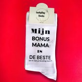 Liefste Bonus Mama - Bonus Moeder - Mijn Bonus Mama is de beste - Hou van je - Verjaardag - Gift - Mama cadeau - Mam -Sokken met tekst - Witte sokken - Cadeau voor vrouw - Kado - Sokken - Verjaardags cadeau voor haar - Moederdag - LuckyDay Socks - Ma