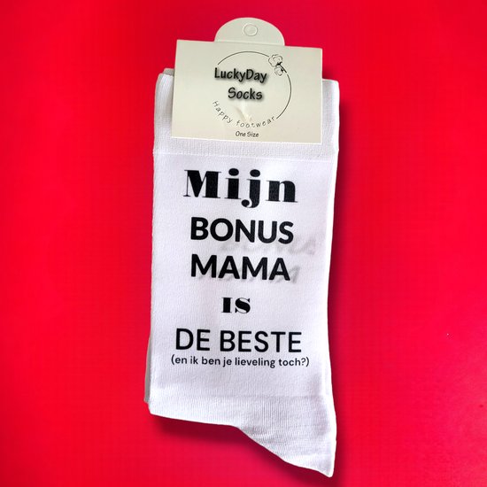 Liefste Bonus Mama - Bonus Moeder - Mijn Bonus Mama is de beste - Hou van je - Verjaardag - Gift - Mama cadeau - Mam -Sokken met tekst - Witte sokken - Cadeau voor vrouw - Kado - Sokken - Verjaardags cadeau voor haar - Moederdag - LuckyDay Socks - Ma