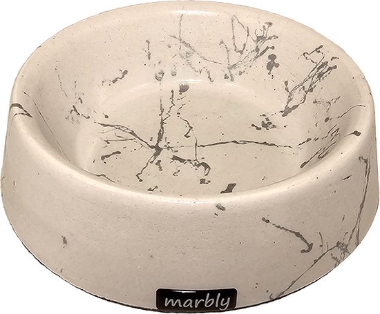 Lichtgrijze voerbak met marmerlook en 'marbly' logo.