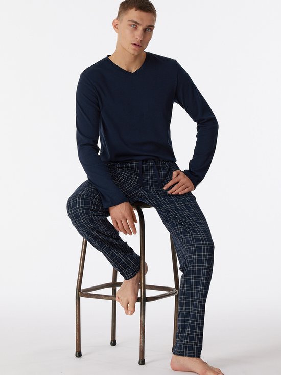 SCHIESSER Ensemble pyjama Fine Interlock - pyjama homme long interlock col V à carreaux bleu nuit - Taille : S