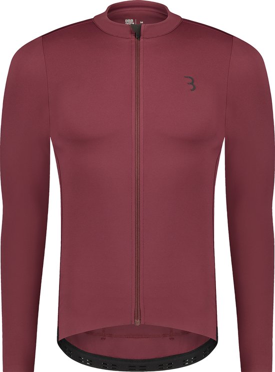 Bordeauxrood fietsshirt met lange mouwen, ritssluiting, zwart kraagje en zwarte bies onderaan.