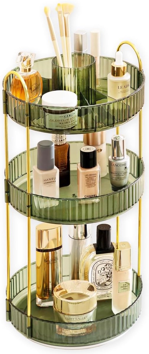 Goedkoopste 360° roterende make-up cosmetische organizer make-up organizer borstel lippenstift huidverzorging organizer 3-laags cosmetische opbergdoos voor badkamer, slaapkamer, kaptafel, groen