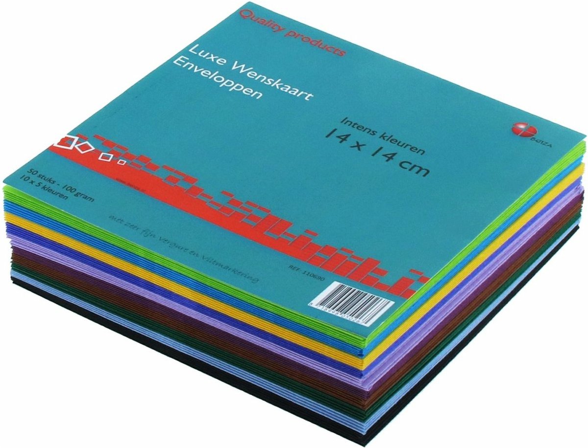 Benza Wenskaart enveloppen assortiment Intense kleuren - 14 x 14 cm Vierkant - 100 stuks