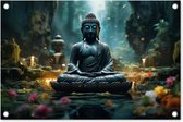Tuinposter Boeddha - Tuindecoratie Buddha beeld - 60x40 cm - Tuindoek - Muurdecoratie voor buiten - Schuttingposter - Tuinschilderijen Japan zen - Tuinwanddecoratie - Tuinposters