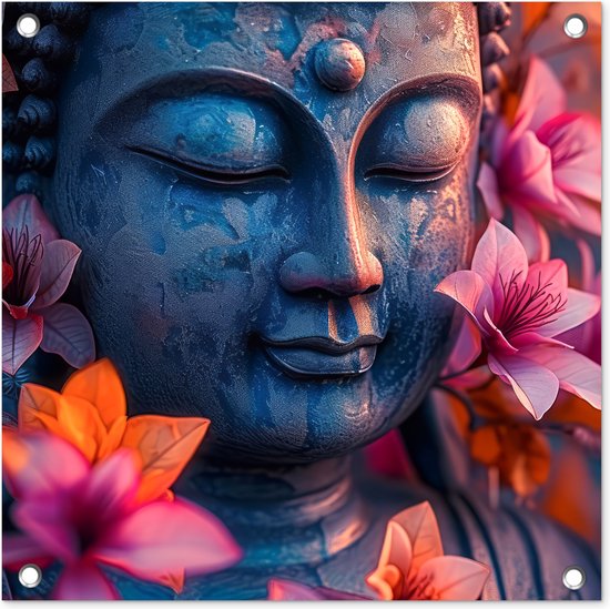 Tuinposters Boeddha - Portret - Bloemen - Buddha - Beeld - 50x50 cm - Tuindoek - Buitenposter