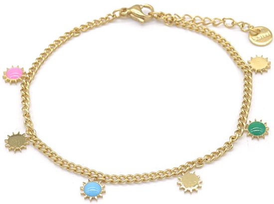 Bracelet doré avec chaîne à maillons et petits pendentifs soleil de couleur verte, bleue et rose.