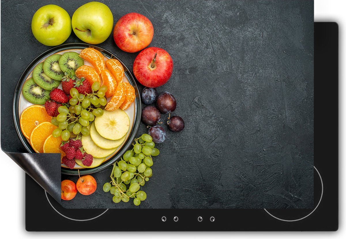 Chefcare Inductie Beschermer Vruchtensalade op Zwarte Marmer - Fruitsalade - Fruit - 78x78 cm - Afdekplaat Inductie - Kookplaat Beschermer - Inductie Mat