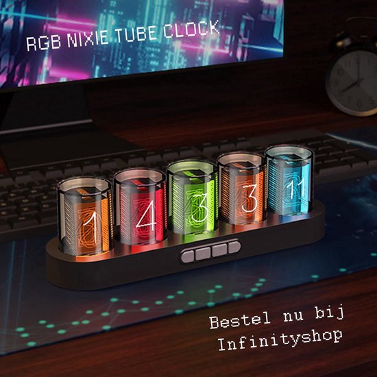 Nixie Klok - Digitale Klok - Led - Regenboog Kleur Licht - Enkele Kleur Licht - Tijd - Kalender - Digitale Klok - Stopwatch - Woonkamer Accessoire - Slaapkamer Accessoire - Gameroom Accessoire - Kantoor Accessoire - Cadeau - RTC Chip