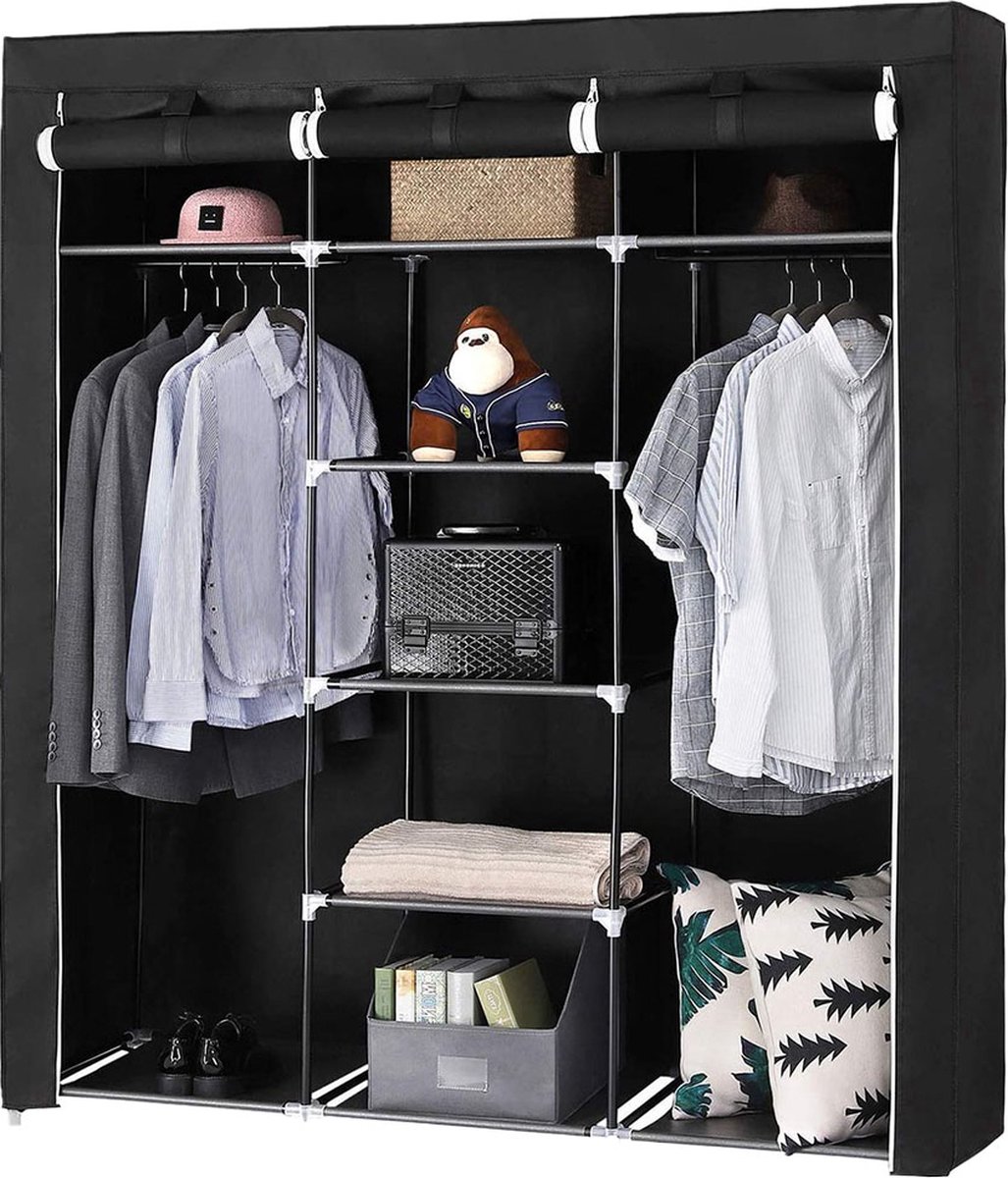 Eleganca Opvouwbare Kledingkast - L150 x B45 x H175 cm - Stoffen Garderobekast - Opbergkast Slaapkamer - 9 Stoffen Planken en 2 Ophangstangen - Draagvermogen 200 kg - Zwart