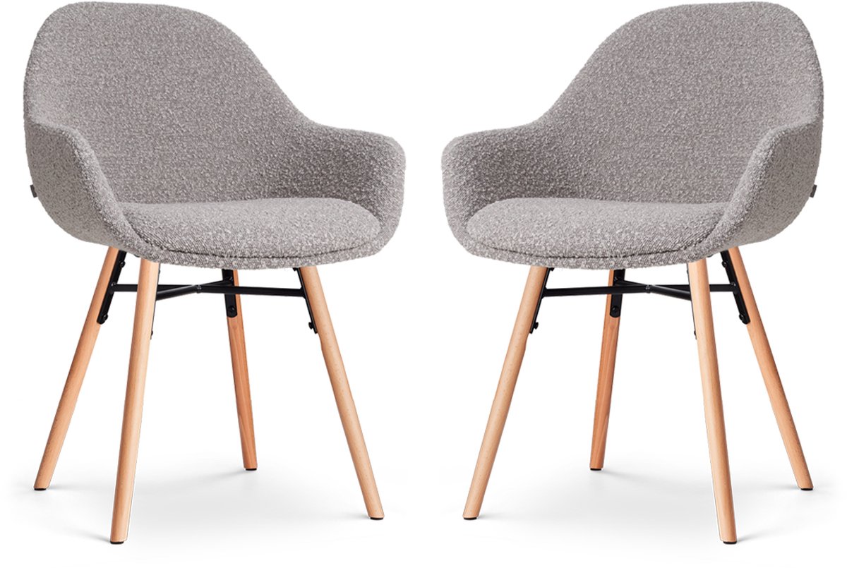 Nolon Nena-Mae Eetkamerstoelen Set van 2 Bouclé Taupe - met Armleuningen - Stof - Houten Poten - Design - Scandinavisch - Comfortabel Bouclé - Taupe - Naturel onderstel