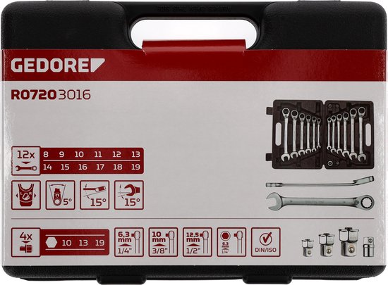 Gereedschapset Voor Klussers Gedore Red Ringratelmoersleutelset 16-delig - Met Adapters, Metrisch, Voor Doe-het-zelvers 16-delig Gereedschapsset Adapters