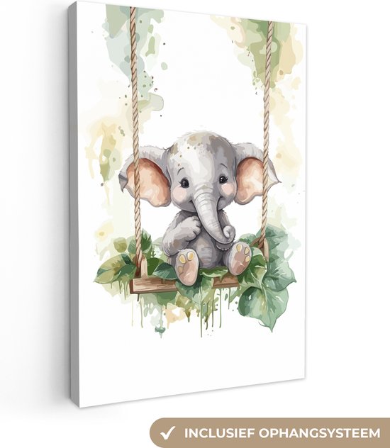 Canvas schilderij 90x140 cm - Wanddecoratie kinderkamer Olifant - Dier - Kinderen - Jungle - Kinderkamer - Babykamer - Muurdecoratie babykamer - Kamer decoratie - Baby accessoires - Schilderijen jeugdkamer