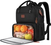 Laptop lunchrugzak, 15,6 inch picknickrugzak met laptopvak, rugzak voor mannen vrouwen met USB-poort, geïsoleerde koeltas voor kamperen, reizen, zakelijk werk, zwart