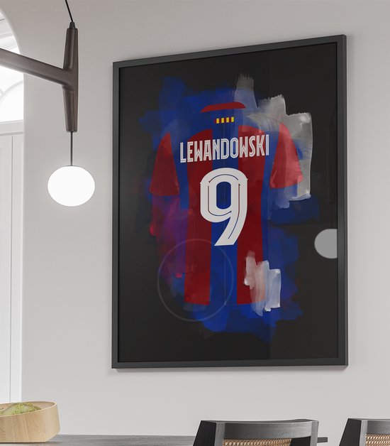 Wallofprints - Canvas voetbalposters - Robert Lewandowski - Formaat 60x90 cm - Uniek canvas van Robert Lewandowski in het FC Barcelona tenue